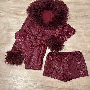 Women’s Faux Fur-Trim Burgundy Jacket & Shorts Set
